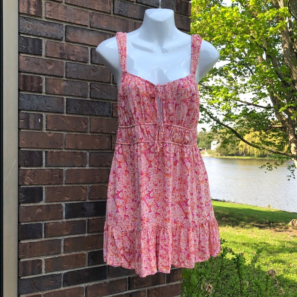 American Eagle Outfitters Pink and Orange Floral Tie-Front Dress